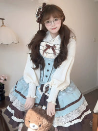 Choco Mint Froufrou – Plus Size Sweet Lolita JSK Sets - (Long-sleeve complete set) Long-sleeve inner layer + mint suspender dress (mini top hat included) / S