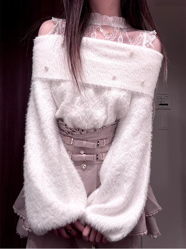 Creamy - Soft Blush - Off-shoulder top and high-waist skirt set with heart-shaped hem trim