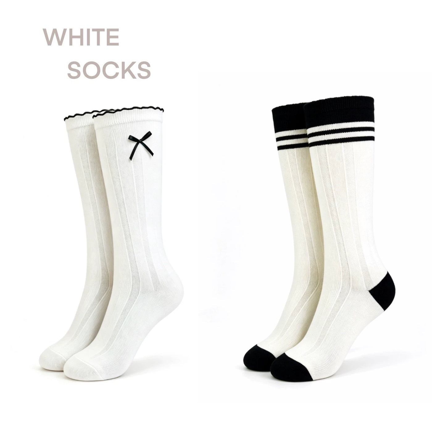 White Socks - Collegiate Stripe - Mid-Calf Socks with a Bow or Three-Stripe Cuff