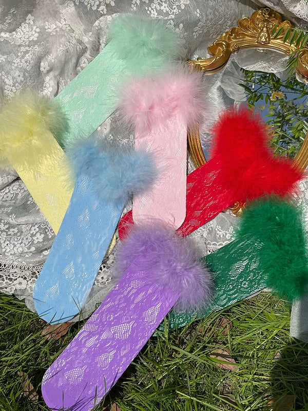 Sock Noble colourful lace socks with fluffy cuffs arranged in pastel and vivid colourways.