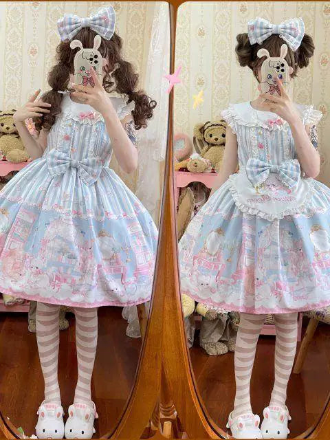 Pastel toy-room print OP dress with a matching apron and bow headband
