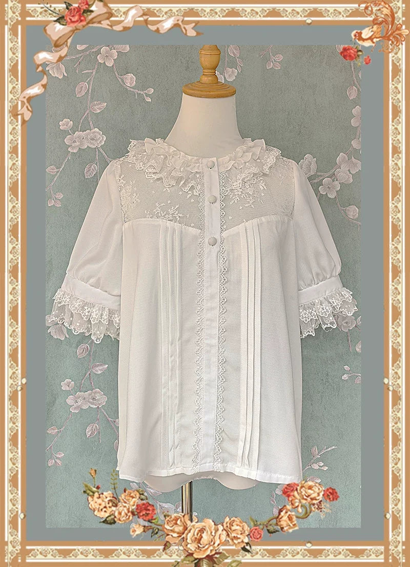 Mirror Doll - Old School Lolita Tiered Hem JSK with Polka Dot Lace White Blouse S