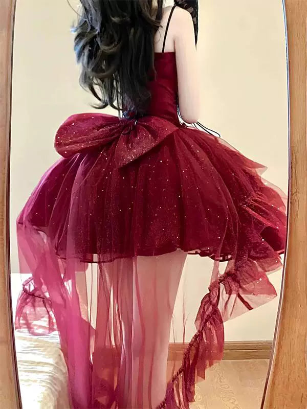 Creamy - Glitter Princess - Red Glitter Tulle Dress with Train