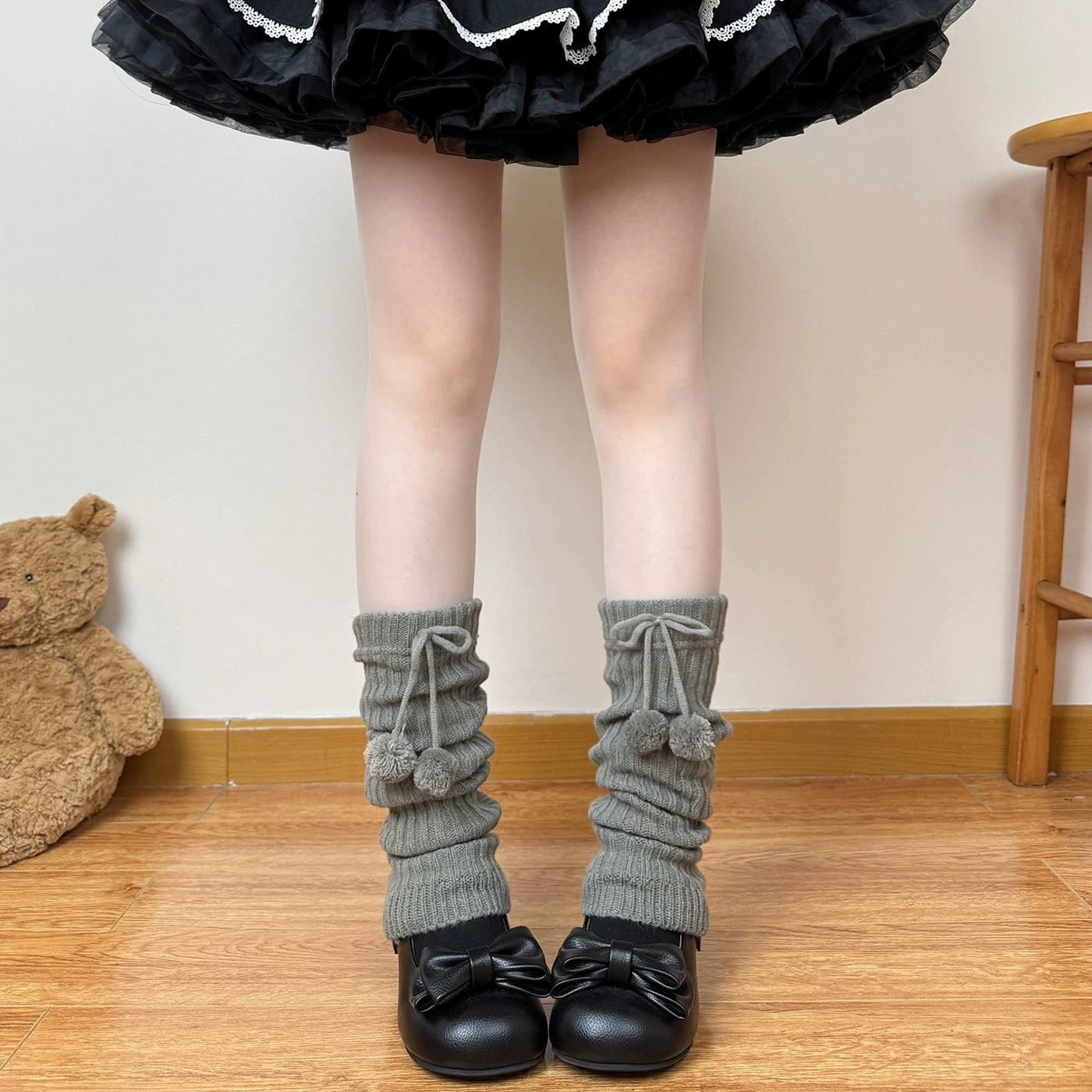 Grey slouchy ribbed Lolita leg warmer with pom-pom detail