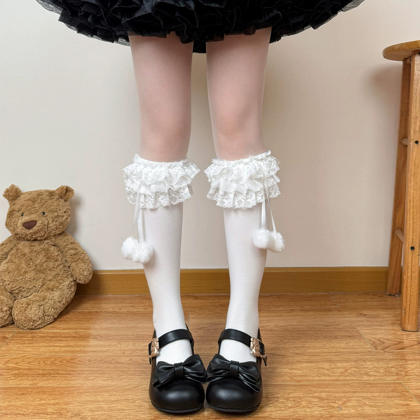 Chubby Bear Tales - Showa Doll - Lolita Socks with Layered Lace Ruffles and Bows