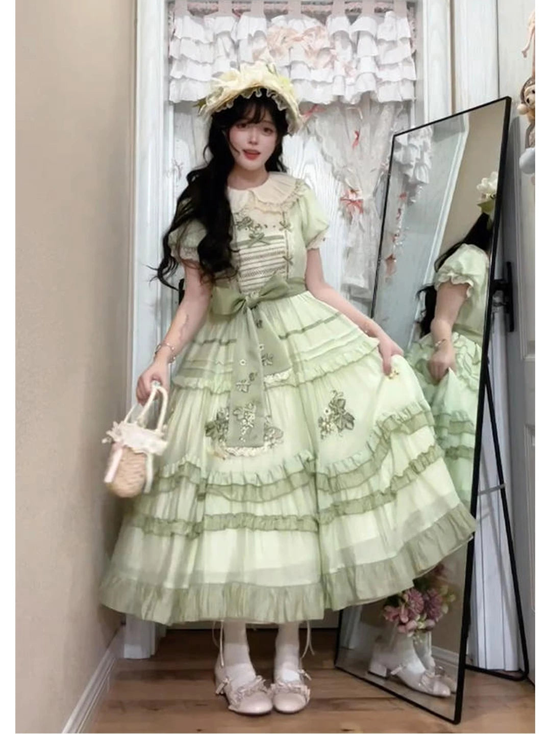 Pale green grape-embroidered OP dress shown in front, mirror and back views.