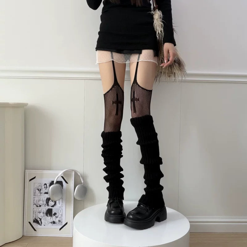 Fantasy Doll - Gothic Cross - Fishnet Garter and Leg Sleeve Set with Cross Details