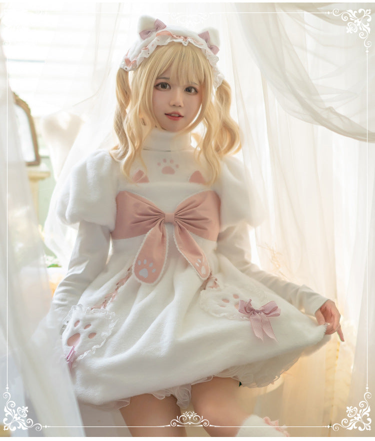 Eieyomi - Cat Planet - White-and-pink Lolita OP dress with cat-claw bows - product detail 8