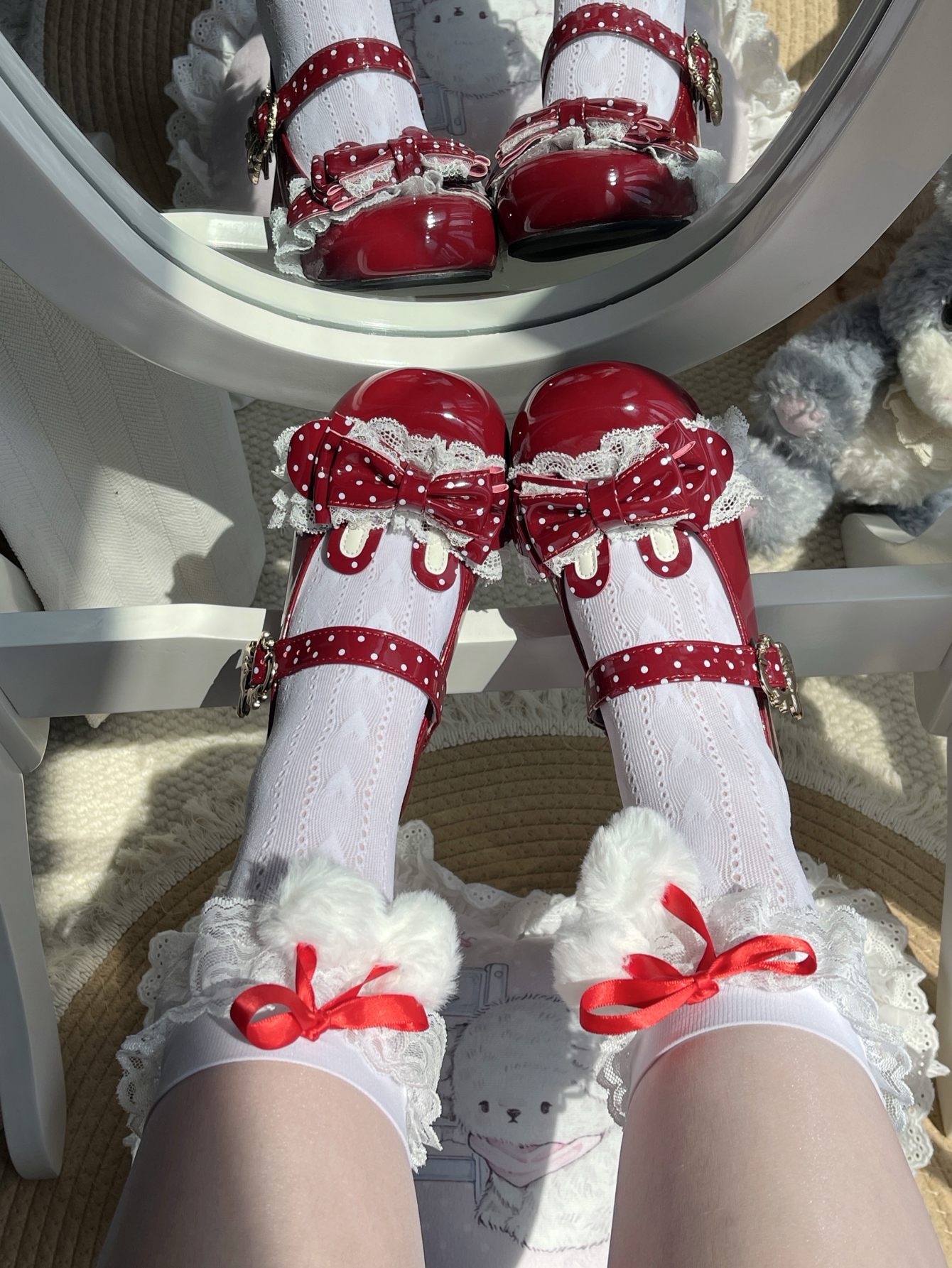Fantasy Doll - Ribbon Pom-Pom - White Mid-Calf Socks with Lace Trim