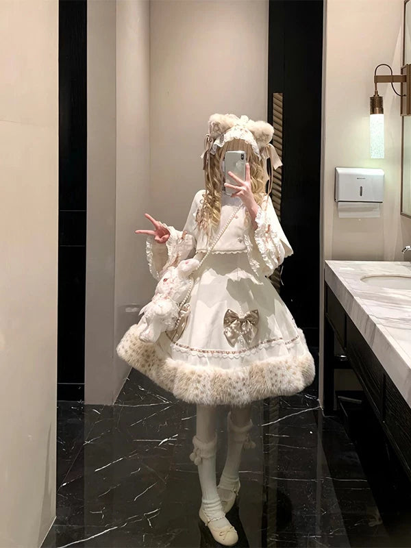 Creamy - Plush Princess - Cape Dress Set with Bow Details and Plush Hem Trim