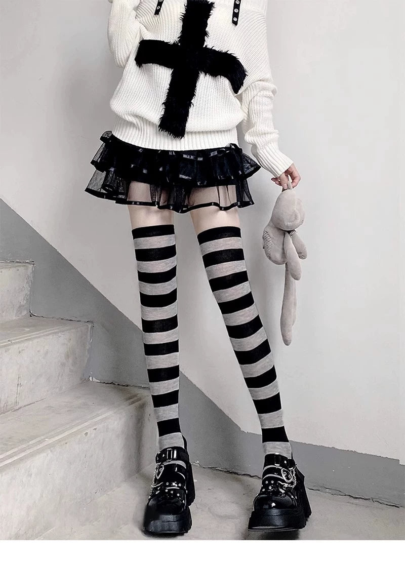 Floral Milk Cat - Graphic Stripe - Over-the-Knee Striped Socks