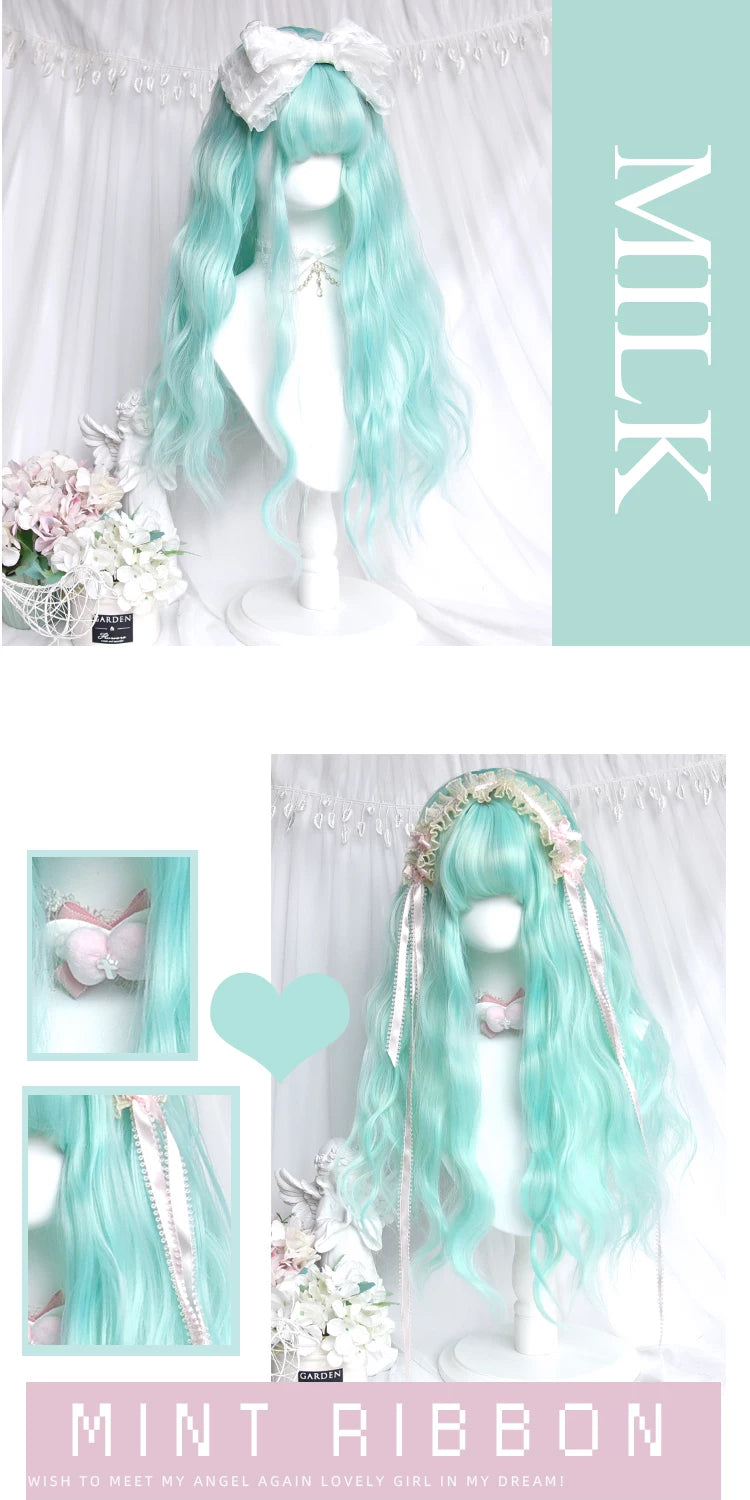 Mint green wool-curl wig with full fringe - additional view 3