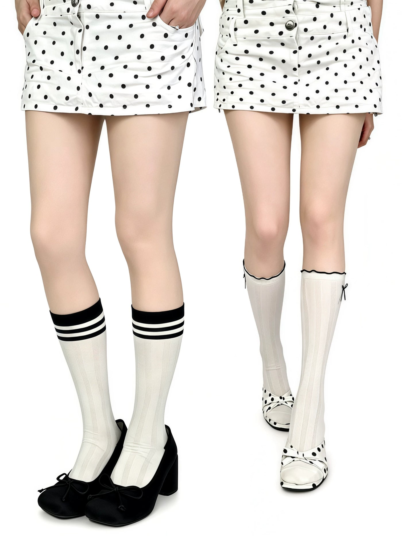 White Socks - Collegiate Stripe - Mid-Calf Socks with a Bow or Three-Stripe Cuff