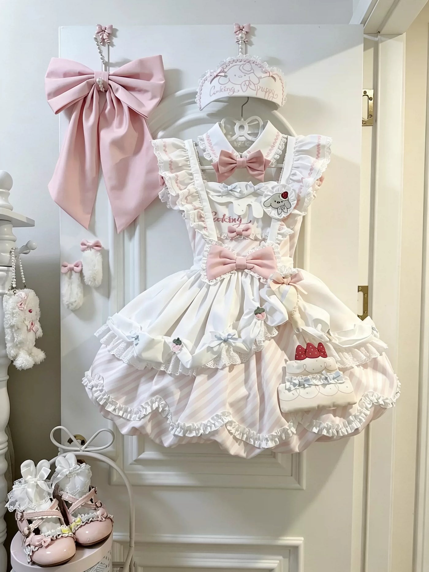 Yellow Salty Dots Puppy Pastry Chef sweet Lolita OP dress, front view