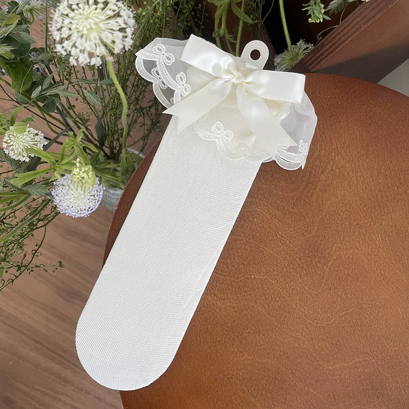 Sock Noble - Fresh Ribbon Lace - Mesh Slouch Socks with Lace Ruffles and Bow Cuffs