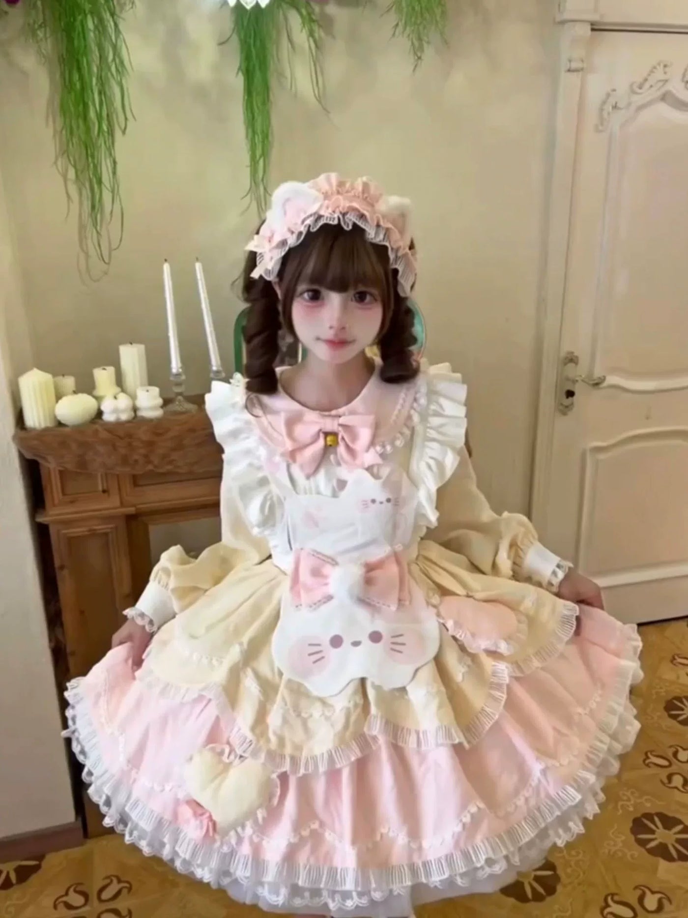 Dream Bunny - Tea Cat - Pastel Long-Sleeve OP with Cat Apron