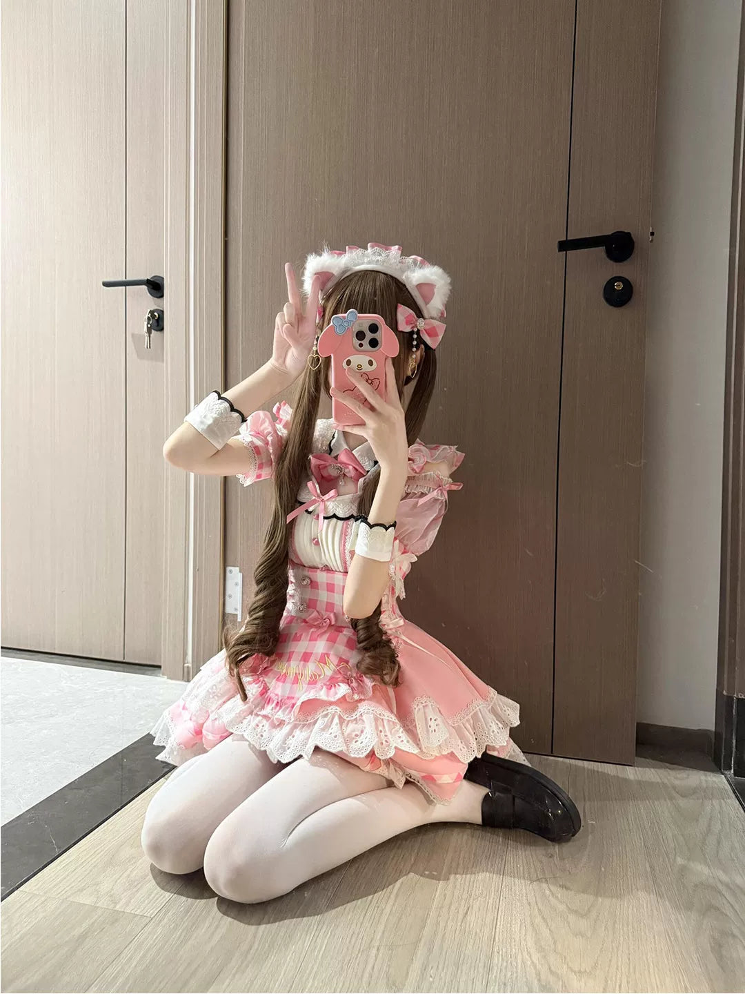 Creamy - Pink Plaid Ribbon - JSK set with a pink plaid suspender skirt