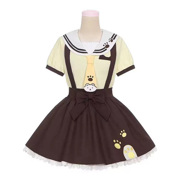 Sweetheart Dream Machine yellow sailor top and coffee-brown suspender skirt set with bear motifs