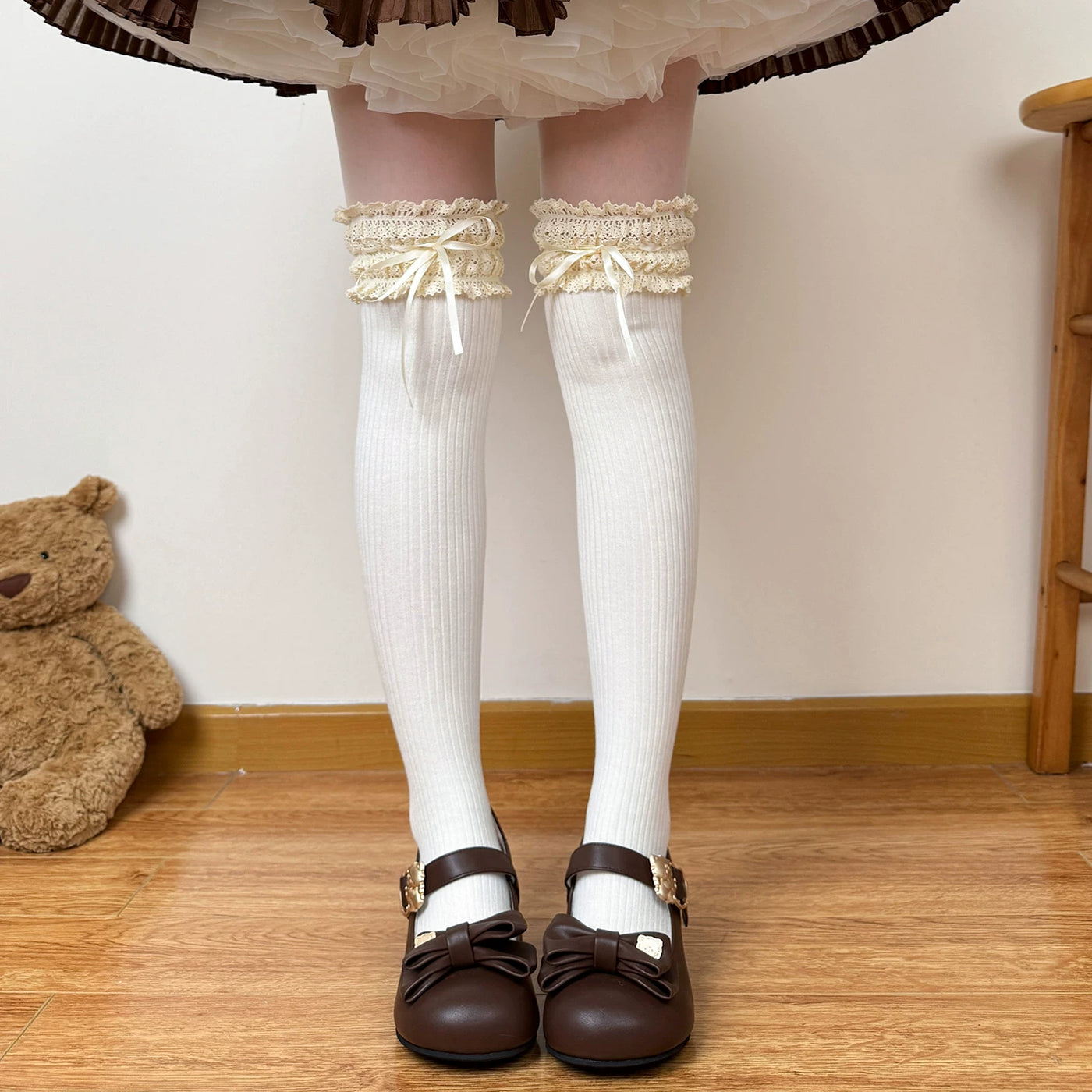 Chubby Bear Tales - Caramel Cocoa - Lace Bow Calf and Over-the-Knee Socks