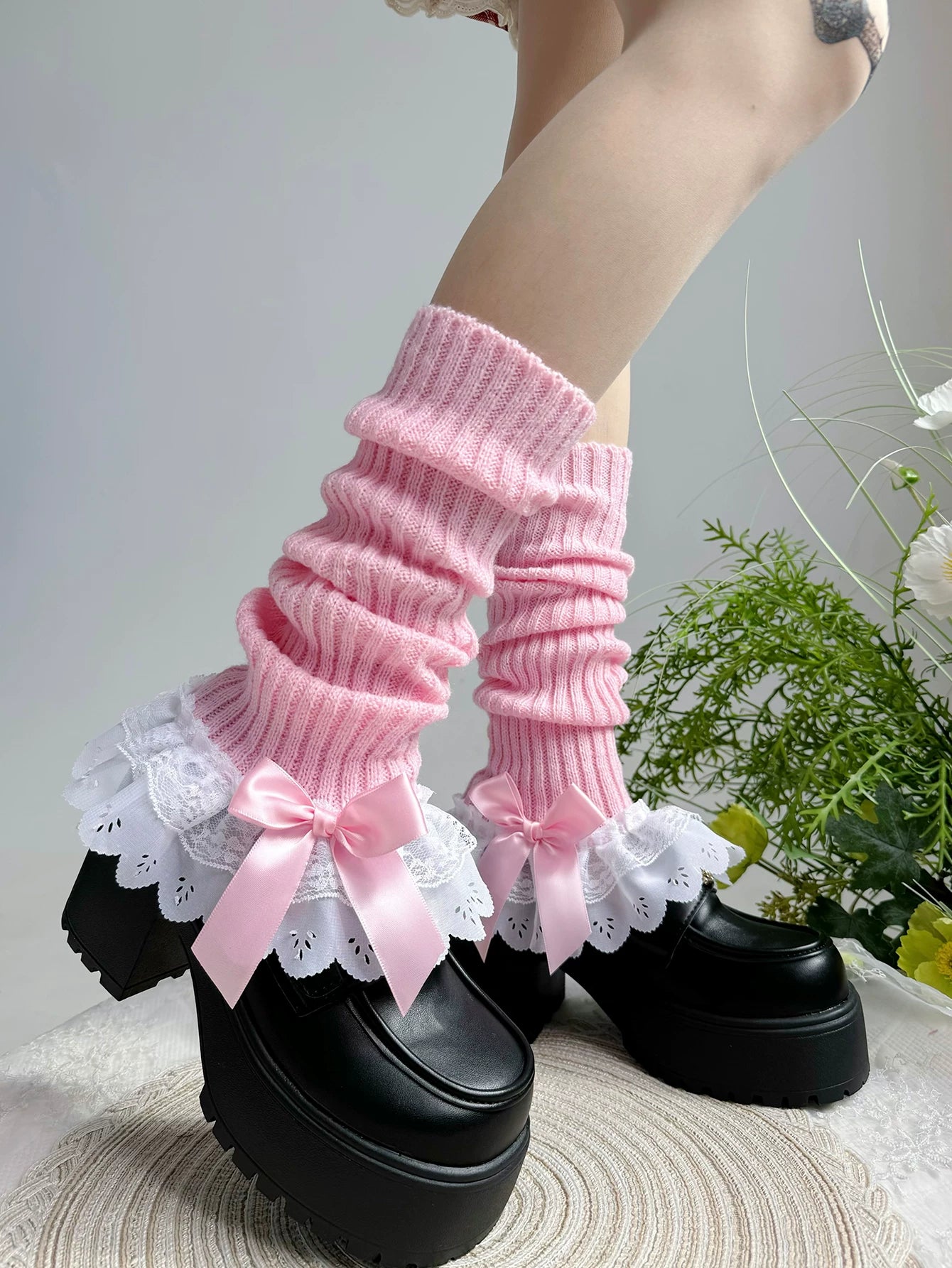 Fantasy Doll - Ruffled Bow - Calf Leg Warmers with Lace Trim and Bows