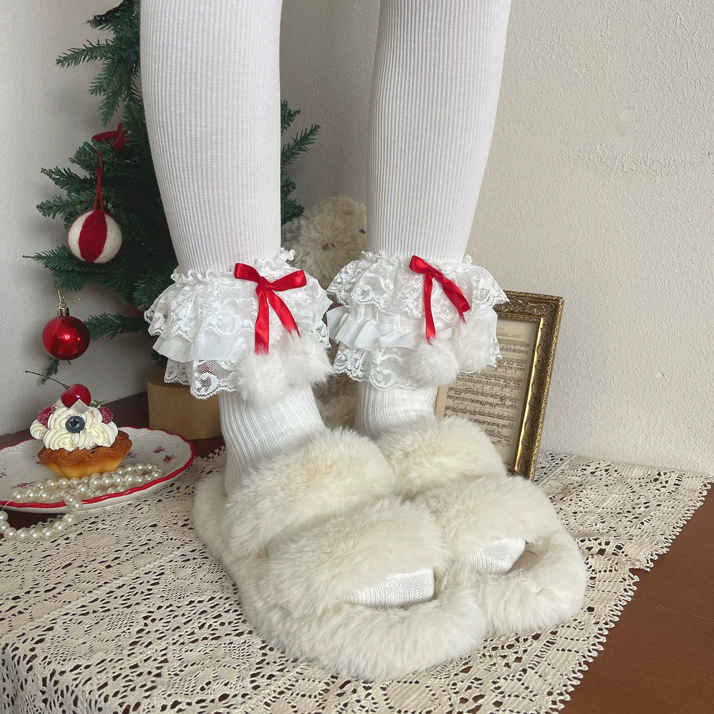 Sock Noble - Christmas Ribbon Fur Ball - Slouch socks and basic white tights with red-ribbon or fur-ball accents