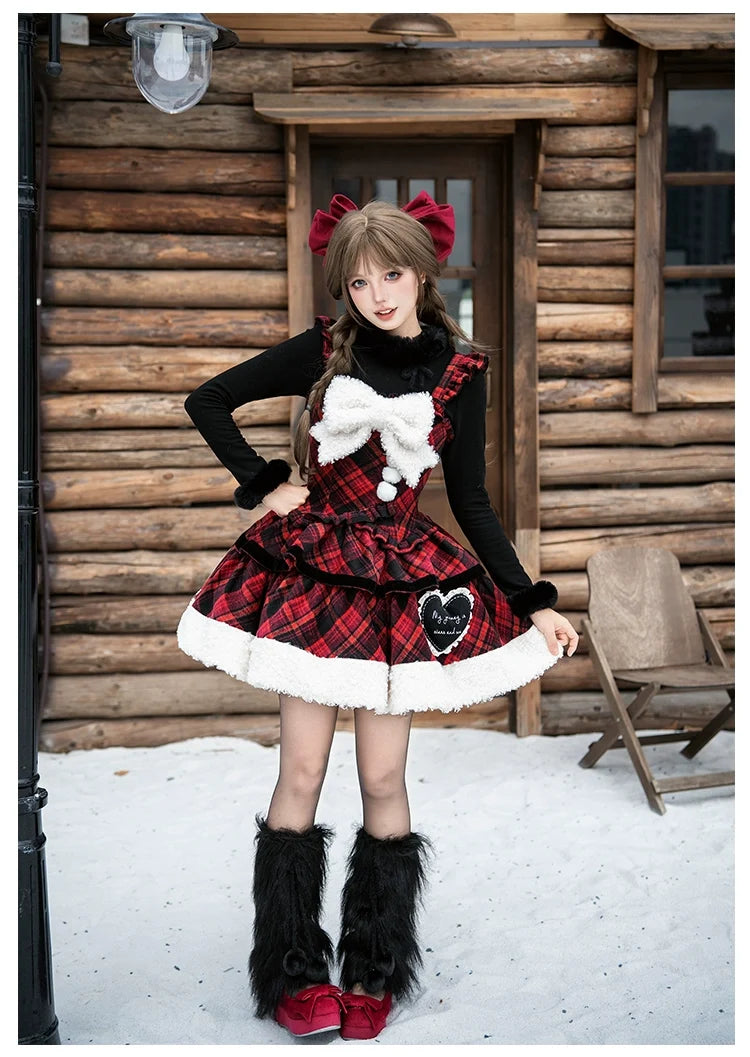 With PUJI - Snow Night Serenade - Fluffy Plaid Kawaii Lolita JSK, Reversible Cape