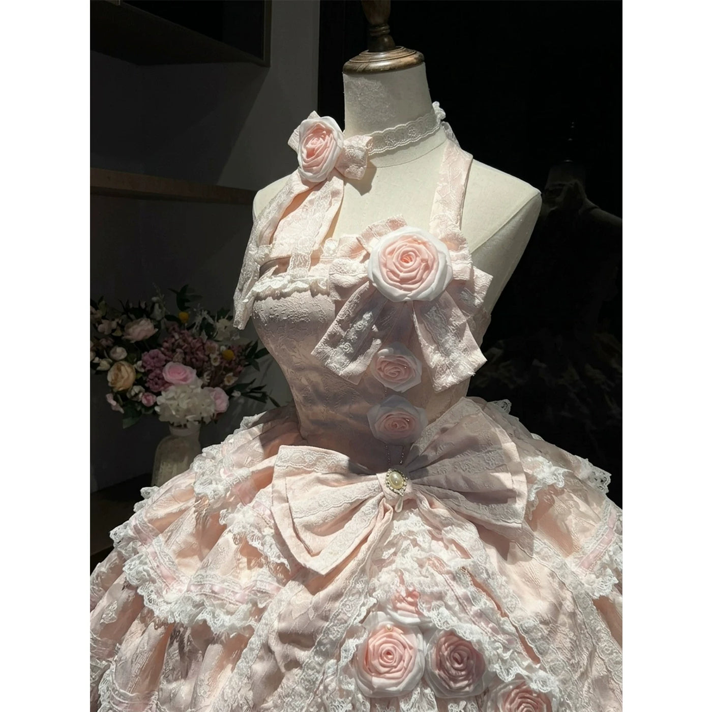 Creamy - Pink Rose - Dress with Rose Appliqués