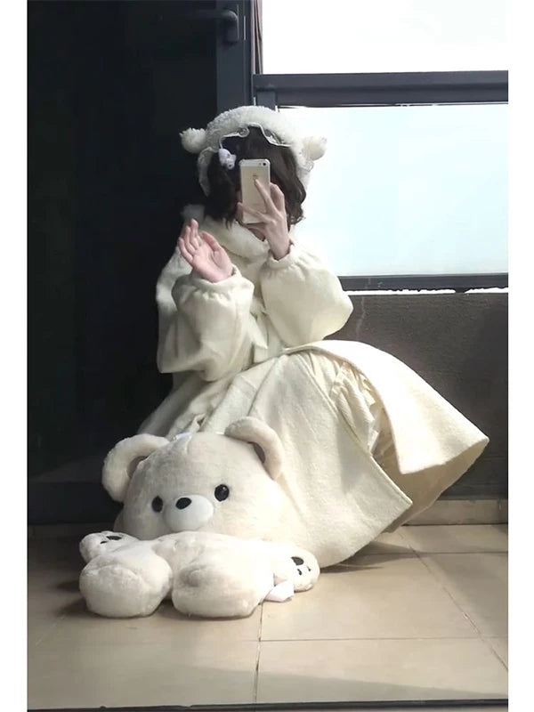 Creamy - Autumn/Winter Japanese Academic - Hooded long woolen coat with a gently flared hem