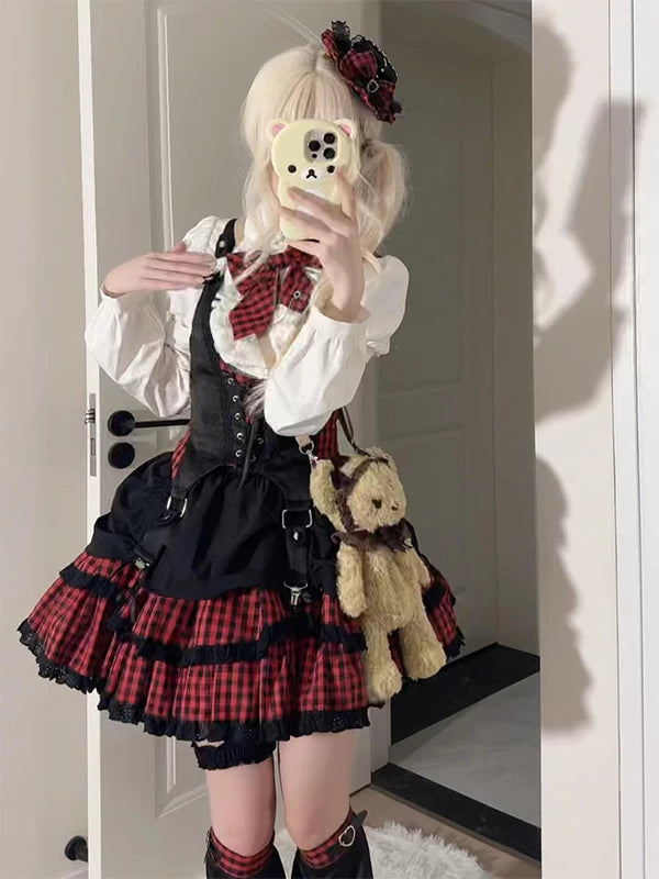 Creamy - Red Plaid Idol - Lolita outfit set with detachable white sleeves