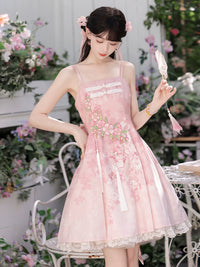 Sweet Promise - New Chinese-Style Blossom - Pink princess dress with floral embroidery and lace-trimmed top - Pink spaghetti-strap dress (includes fringe accessories) / S