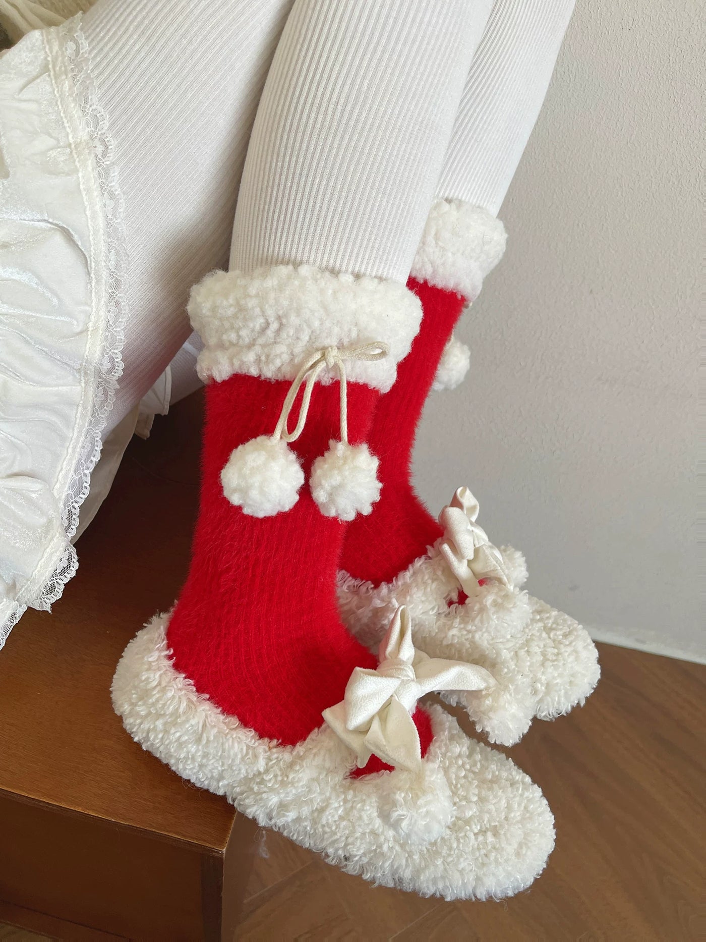 Sock Noble - Winter Pom-Pom - Plush-Trim Slouch Socks with Pom-Pom Ties