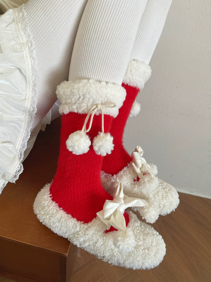 Sock Noble - Winter Pom-Pom - Plush-Trim Slouch Socks with Pom-Pom Ties