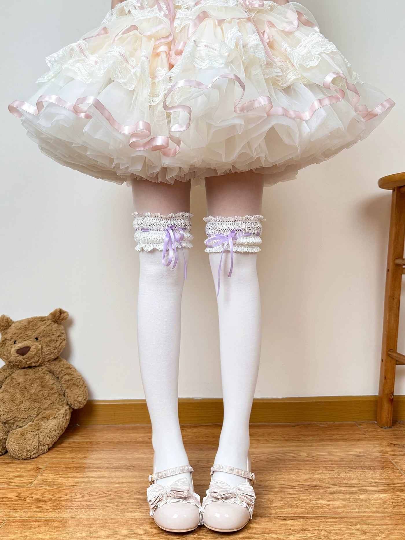 Chubby Bear Tales - Cream Ballet - Lace-Trimmed Socks with Ribbon Ties