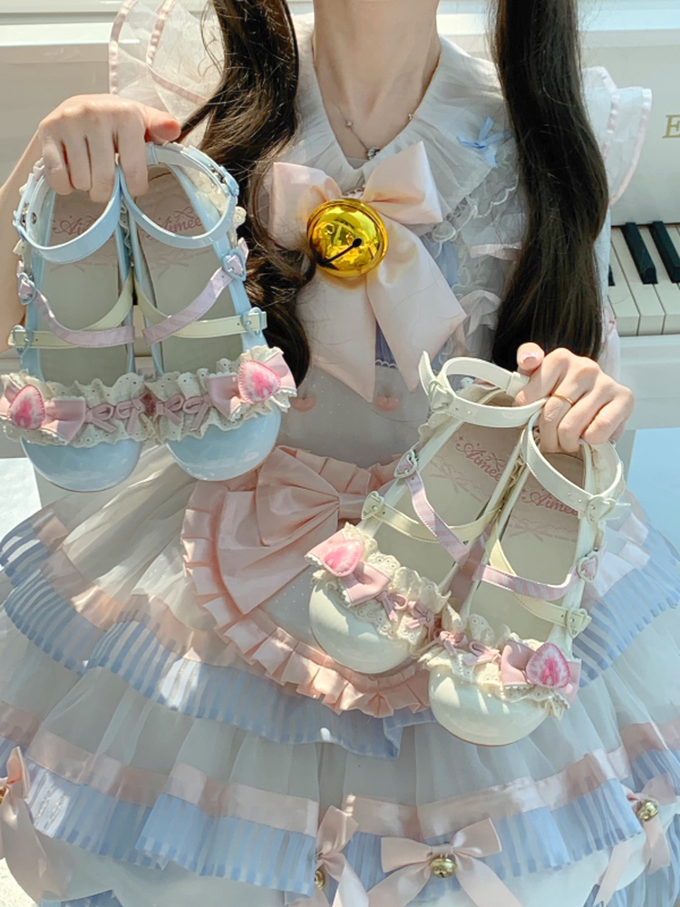Aimee Strawberry Limited 2.0 Lolita shoes — green and pink shoes held side by side