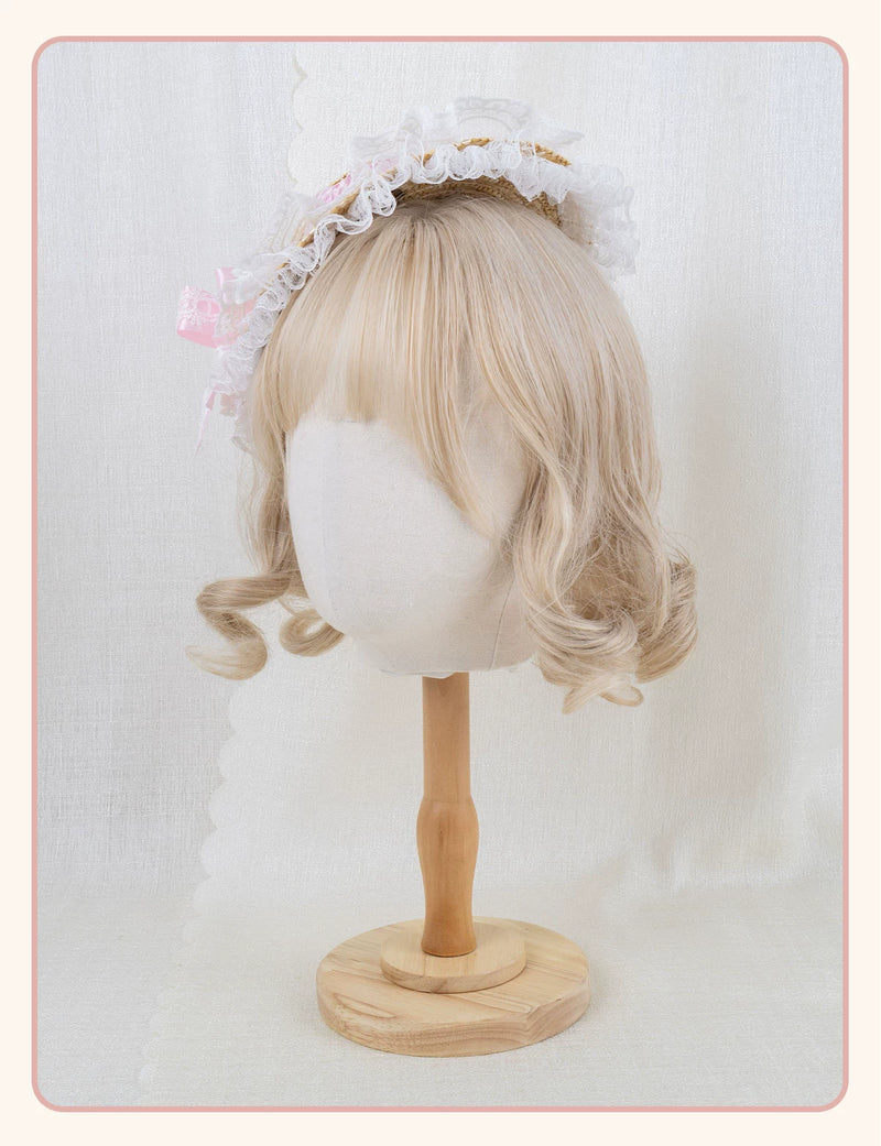 Stardust Rose - Forest Lace Bow - Straw Flat Hat with Lace Bow Hair Clip