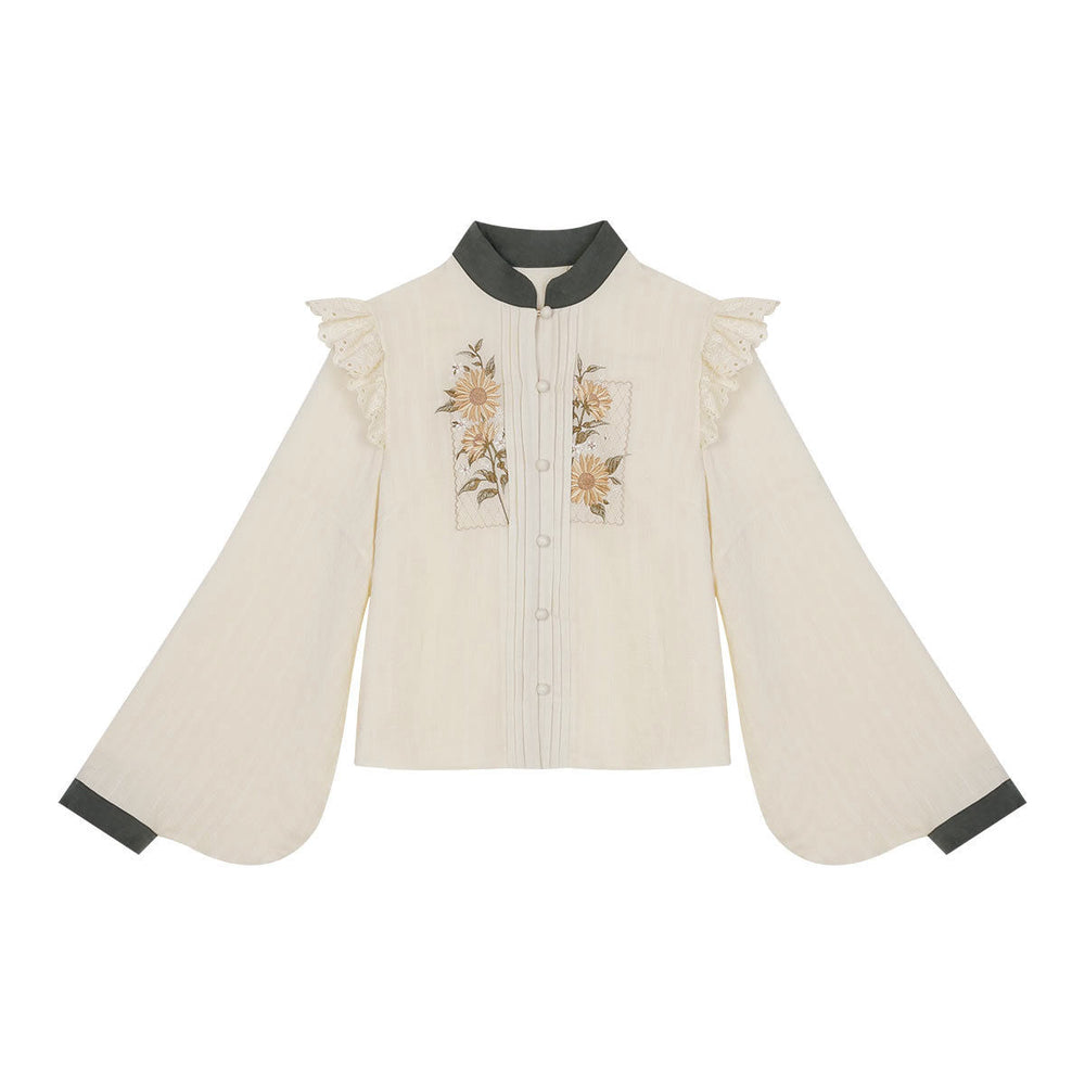 Beige embroidered blouse and olive tiered suspender skirt shown as separate pieces.