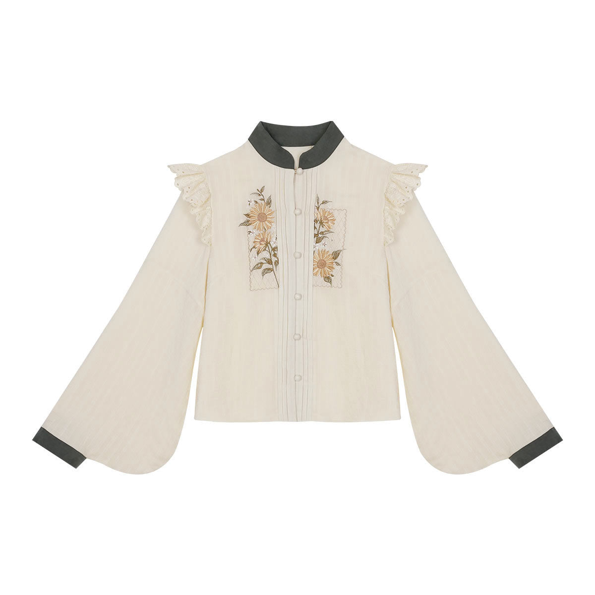 Beige embroidered blouse and olive tiered suspender skirt shown as separate pieces.