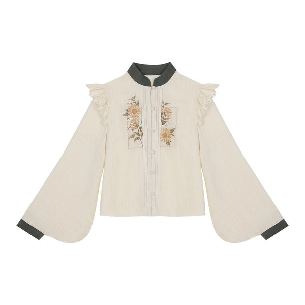 Beige embroidered blouse and olive tiered suspender skirt shown as separate pieces.