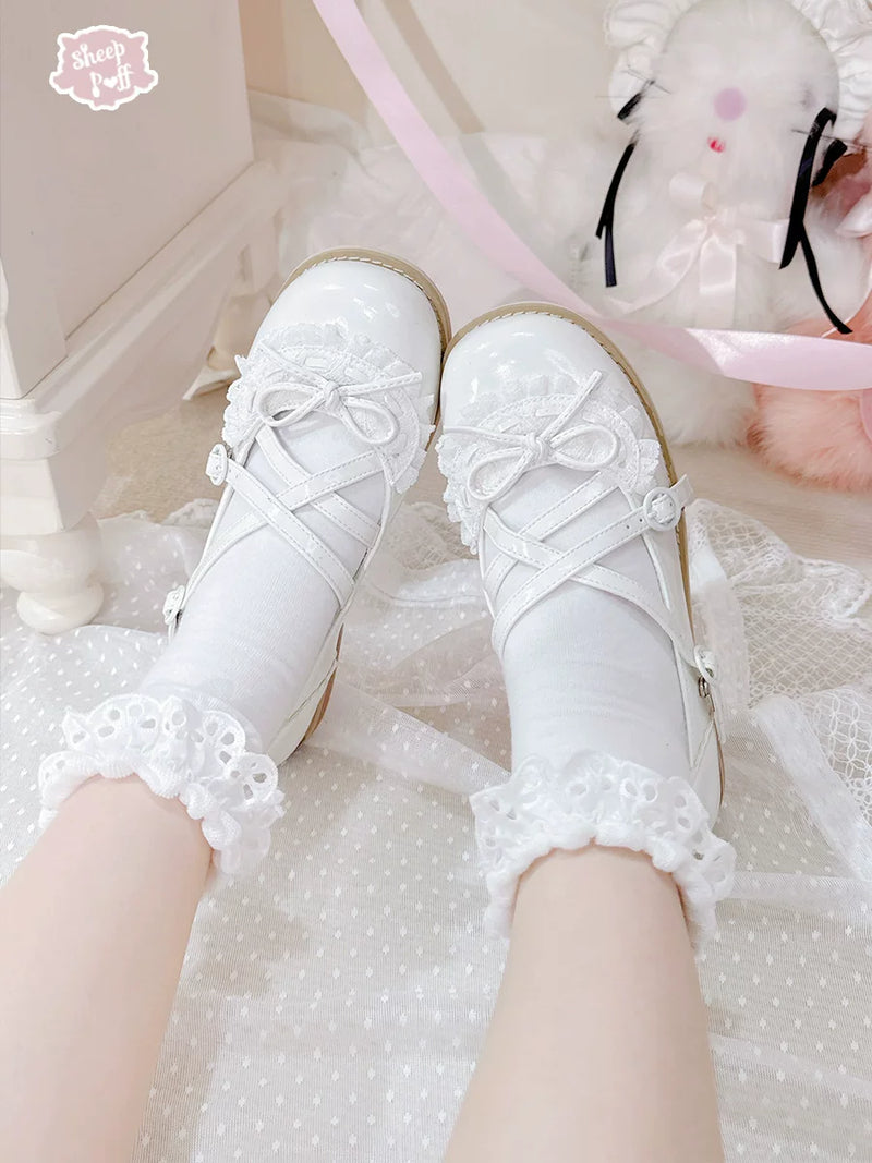 Sheep Puff Little Maid Low Heel Lolita Shoes featuring a cute sheep puff design and low heel in a charming, feminine style.