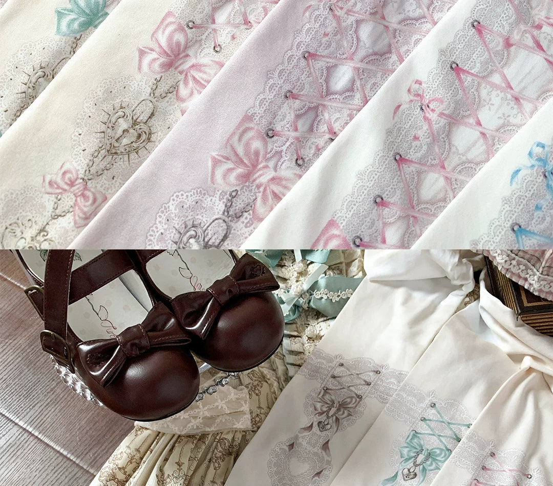 roji roji - Heart-Lock Ribbon - Printed Tights with Heart-Lock Motifs and Bow Accents