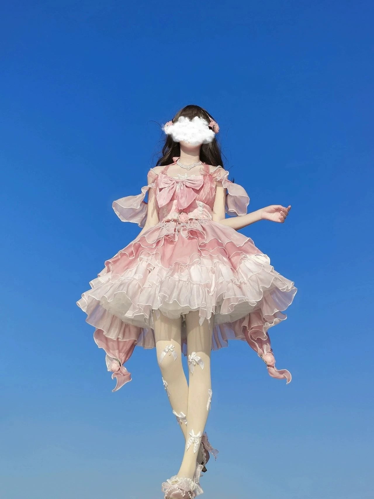 Creamy - Flower Wedding - Pink Jumper Skirt with Layered Ruffles