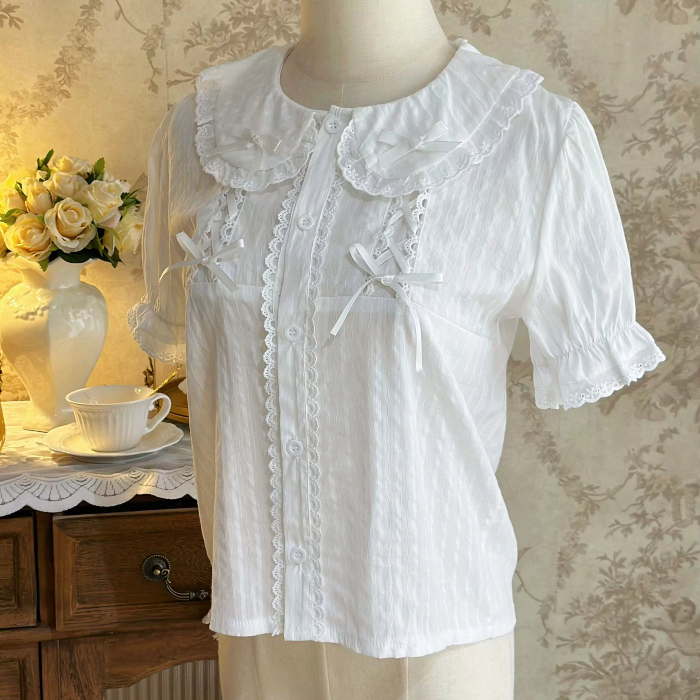Sweetheart Dream Machine - Soft Girl Daily - Puff-Sleeve Jacquard Blouse