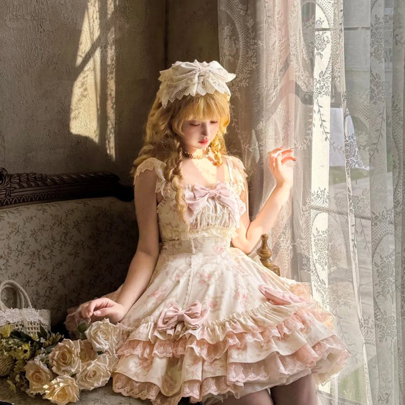 Zhijinyuan Morning Mist Rose Floral JSK & OP — Pink floral JSK detail