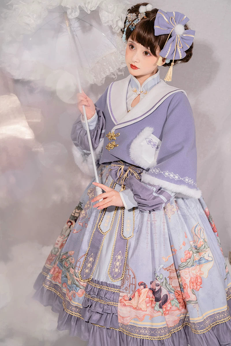 Lavender Chinese-style Lolita dress set with gold trim and scenic skirt motifs worn by a model