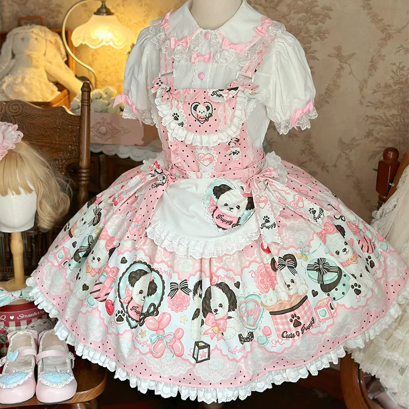 Yanran - Sweet Puppy Print Lolita OP - One-piece Sweet Lolita dress