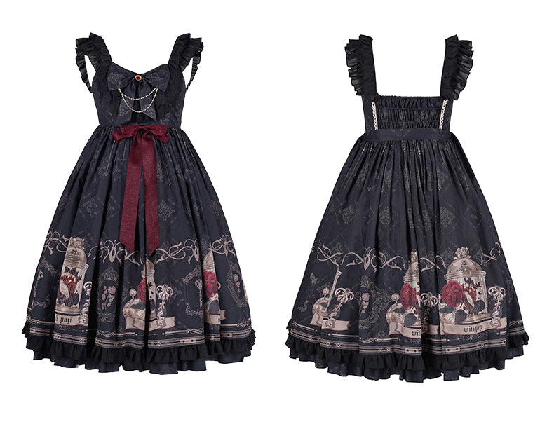 With PUJI - Nightingale and Rose - Classic Lolita Chiffon Dress, Rose & Birdcage Print