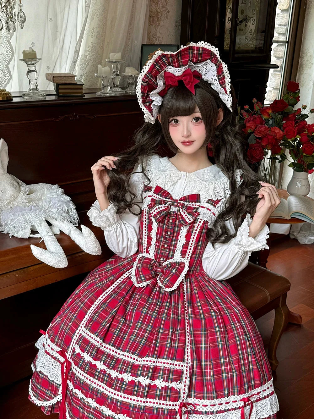 Miss Point - Plaid Petal Bunny - Old School Lolita Bunny Ear Headdress, Bear Ear Apron