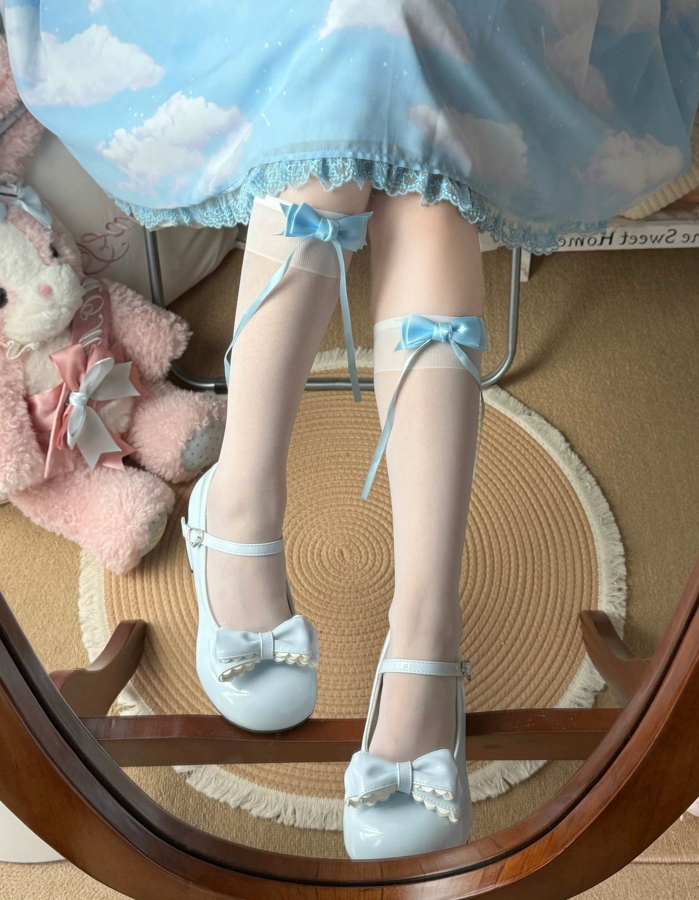 Fantasy Doll - Ribbon Contrast - Sheer Bow Mid-Calf Socks