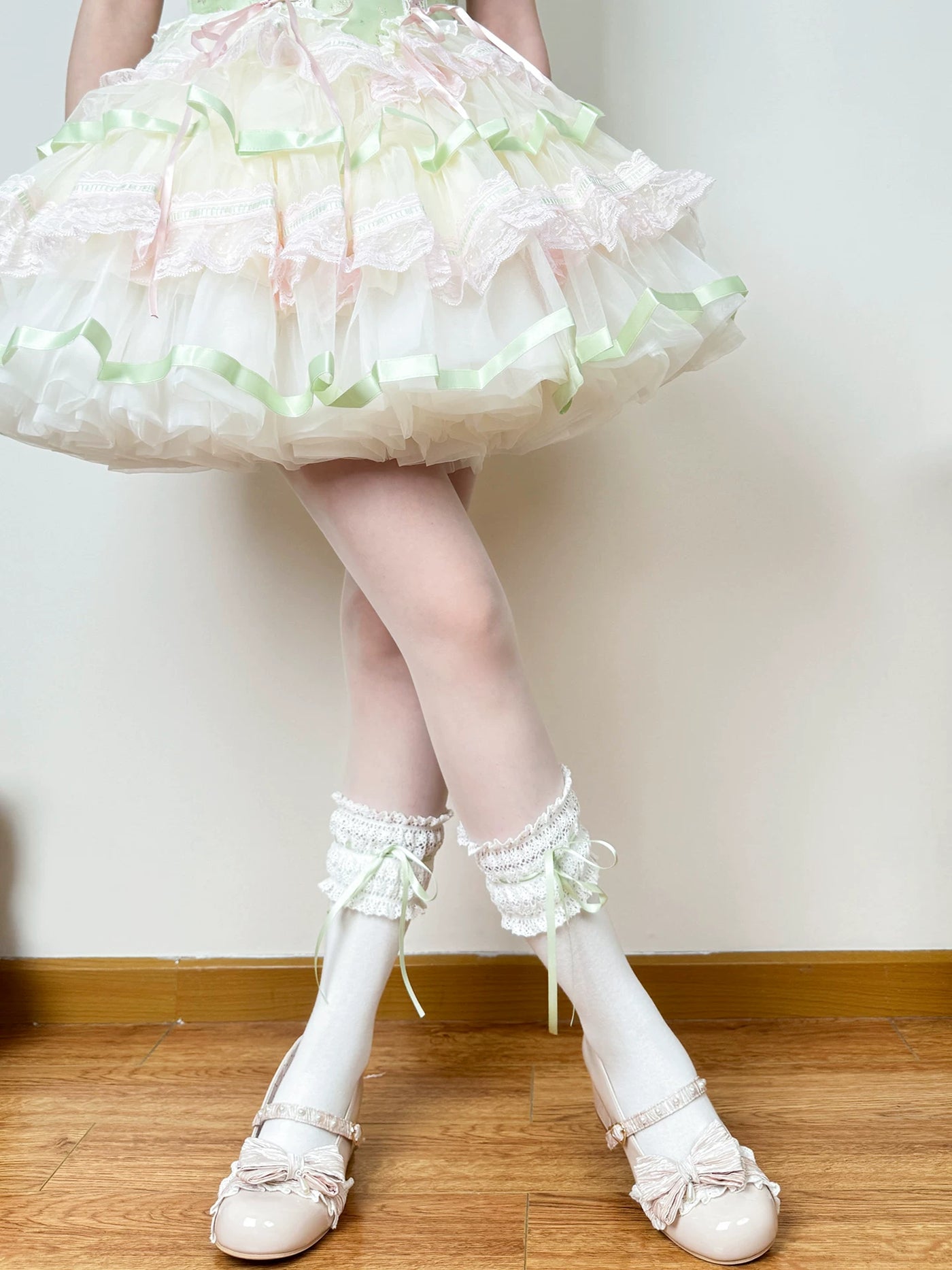 Chubby Bear Tales - Cream Ballet - Lace-Trimmed Socks with Ribbon Ties