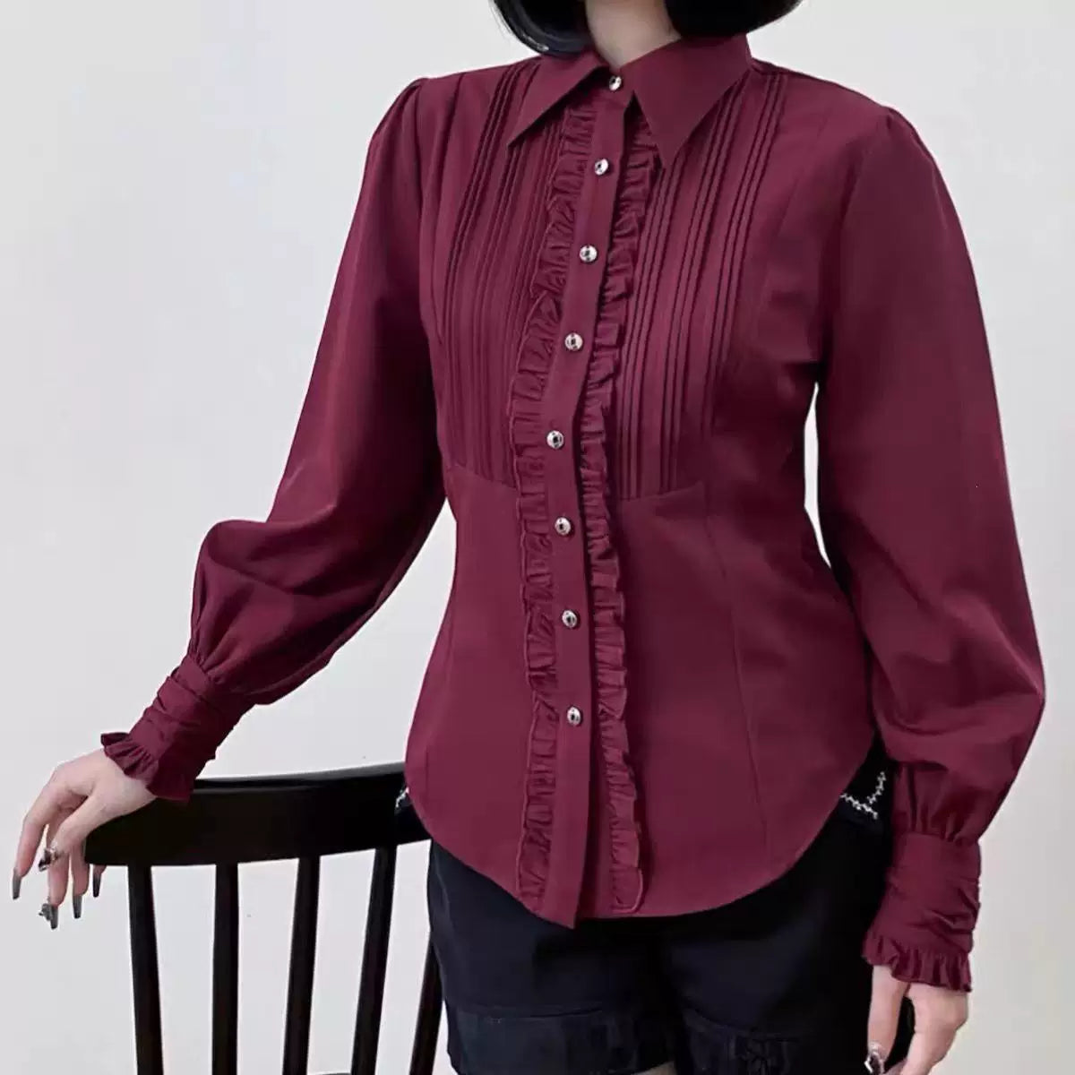 Sweetheart Dream Machine - Ruffle Pintuck - Long-Sleeve Blouse with Pintuck Pleats and Ruffle Trim